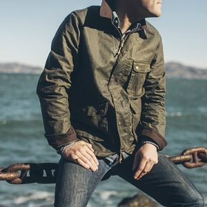 Filson Olive Green Waxed Canvas Field Jacket with Brown Corduroy Collar